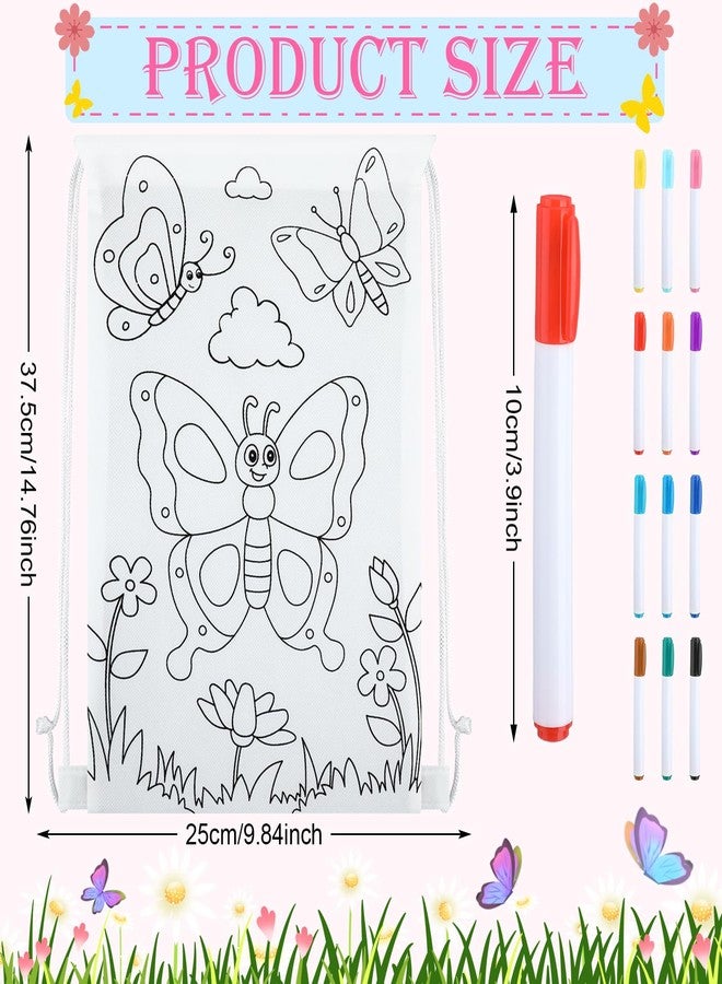 Cosblank 24 Pcs Color Your Own Drawstring Bags Coloring Party Goodie Favor Bags Flowers Butterfly Birthday Party Crafts with Markers DIY Projects Supplies(Butterfly) - Image 2
